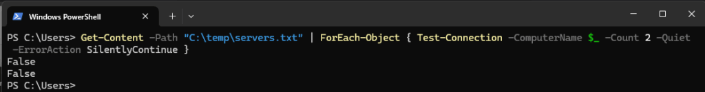 результат выполнения командлета Test-Connection